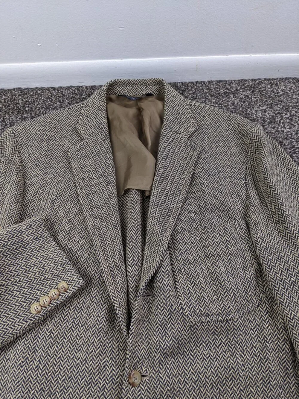 Polo Ralph Lauren Blazer Sport Coat Tweed Silk Tan Blue Herringbone 44L Italy